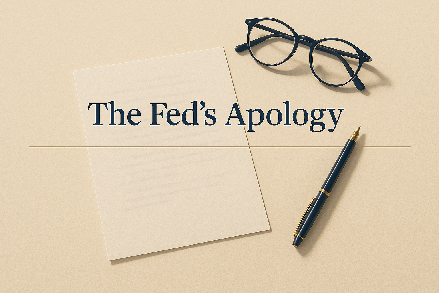 A blank typed speech manuscript, reading glasses, and a fountain pen on a warm off-white desk, with the title The Fed&rsquo;s Apology in deep navy serif type.
