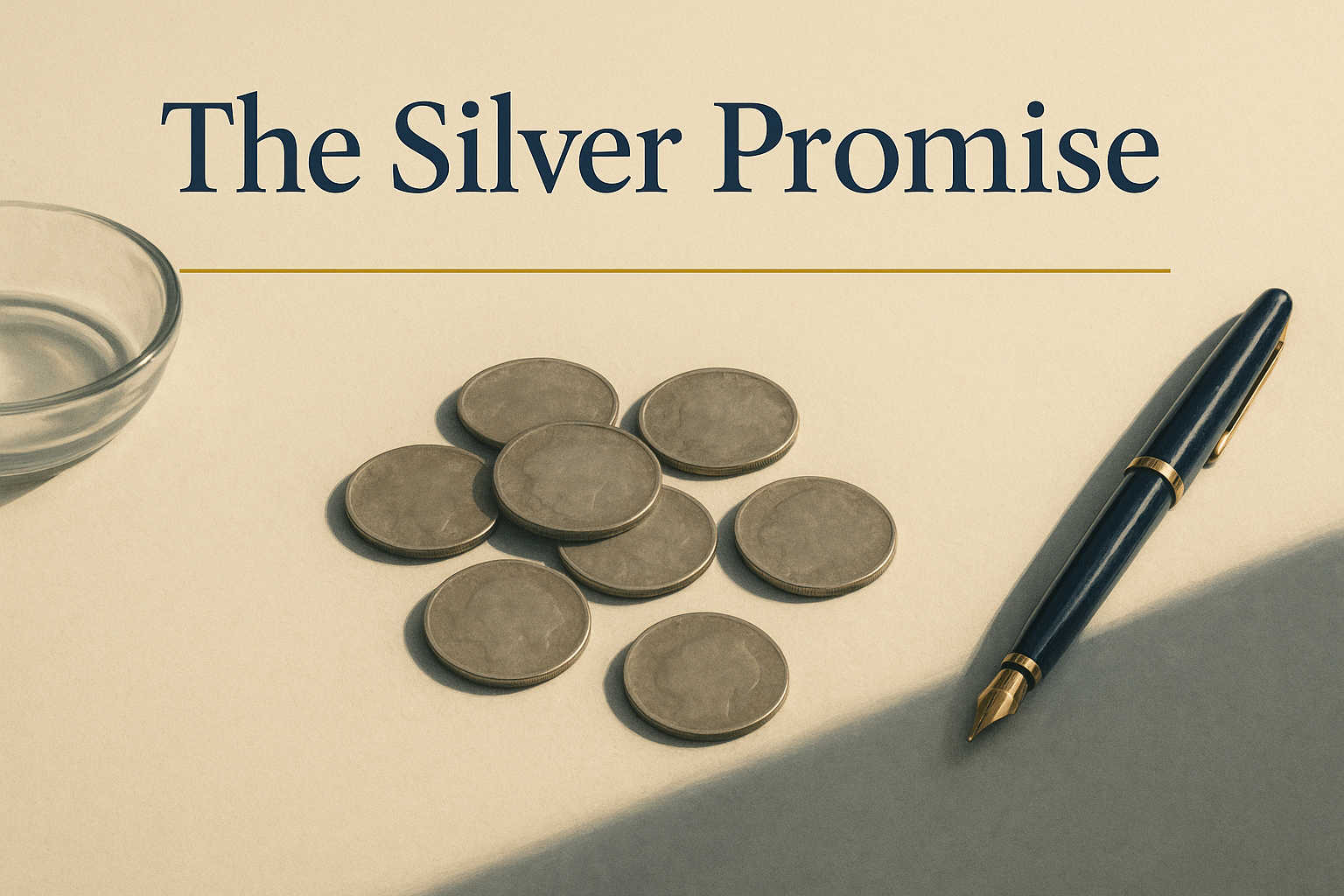 A small scatter of worn American silver coins on a warm off-white desk beside a shallow glass dish and a fountain pen, with the title The Silver Promise in deep navy serif type.
