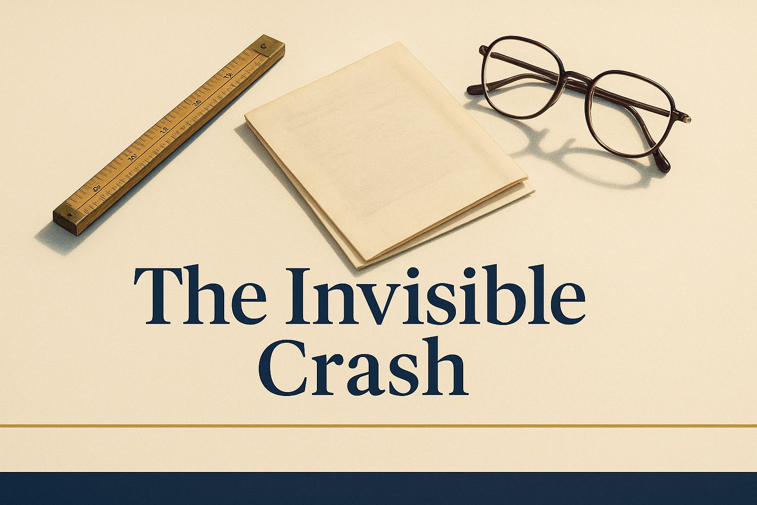 A wooden folding ruler and a folded paper statement on a warm off-white desk, with the title The Invisible Crash in deep navy serif type.