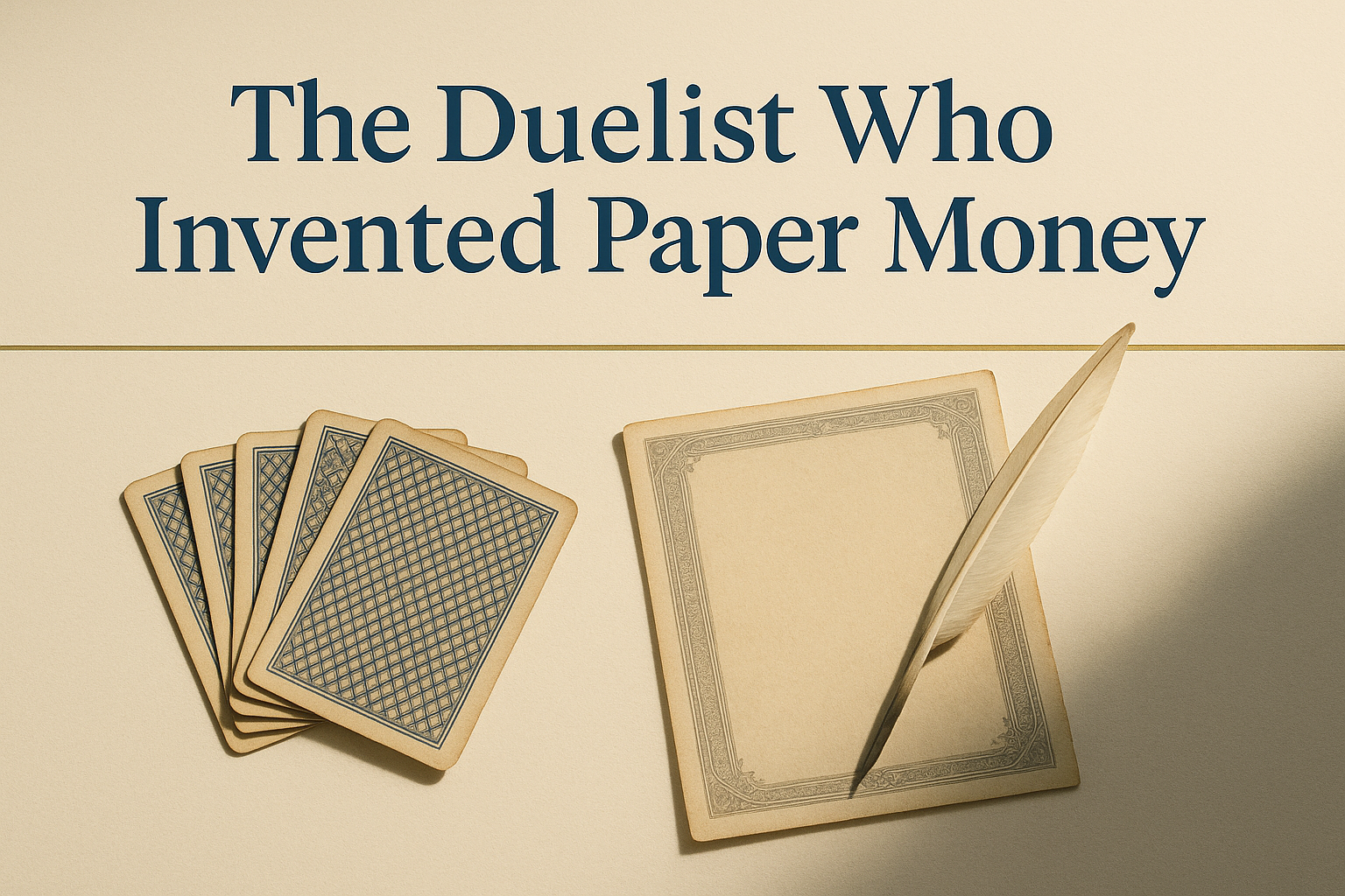 A fan of face-down antique playing cards, a blank sheet of aged banknote paper and a quill pen on a warm off-white desk, with the title The Duelist Who Invented Paper Money in deep navy serif type.