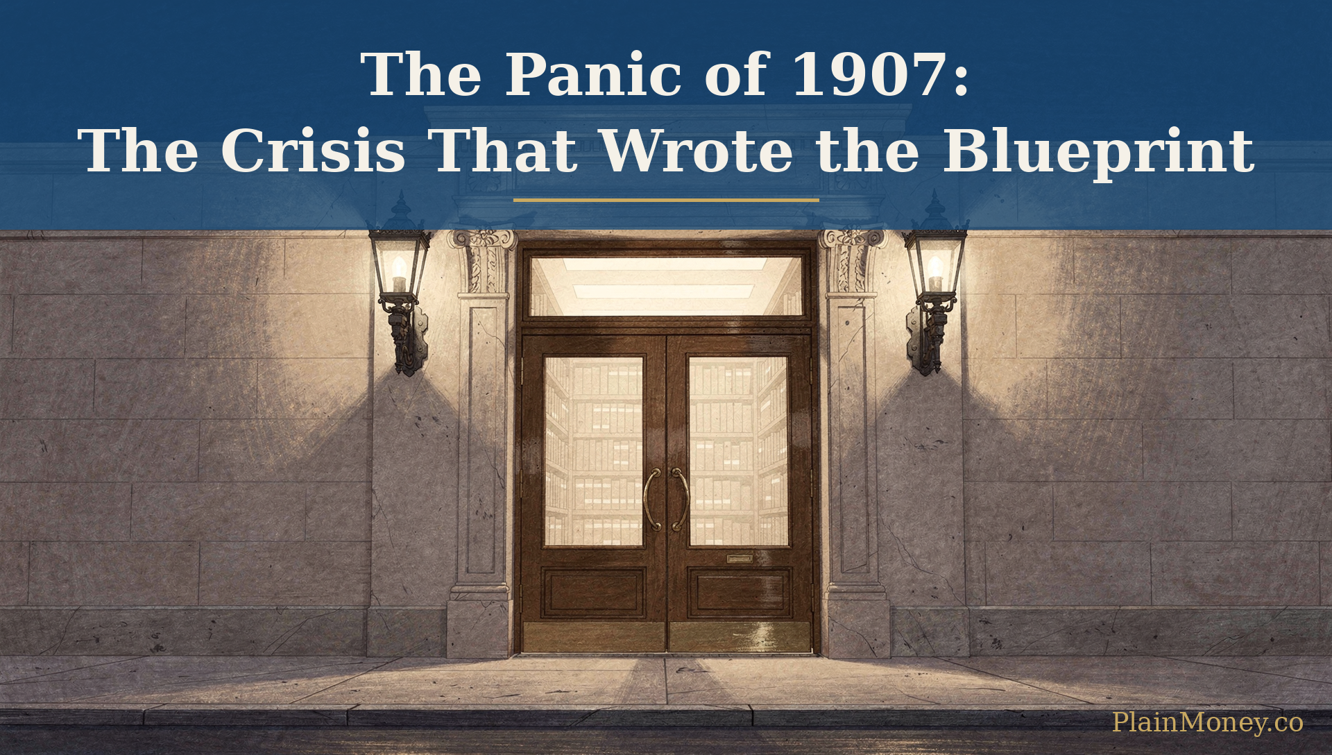 The closed bronze-and-glass front doors of a Beaux-Arts private library at night, lit by two flanking gas lanterns on an empty New York sidewalk, with the title The Panic of 1907: The Crisis That Wrote the Blueprint in serif type on a deep blue band.